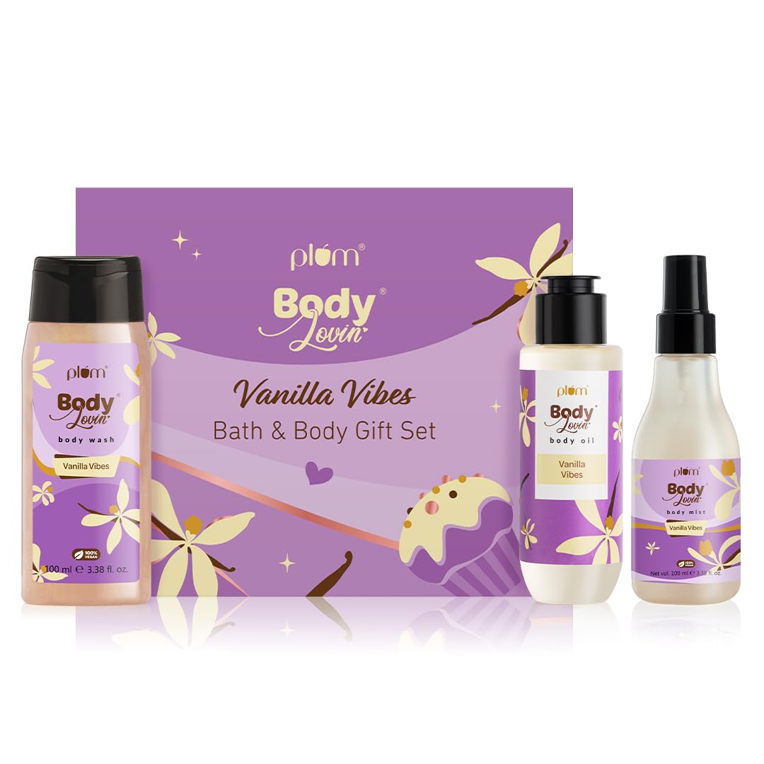 Plum BodyLovin' Vanilla Vibes Bath & Body Gift Set | Body Wash | Body Mist | Body Oil | Long-Lasting Warm Vanilla Fragrance |