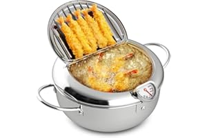 VINGVO Olla para Freír Estilo Japonés, Freidora Pequeña con Termómetro y Tapa, Olla para Freír de Acero Inoxidable Compatible con Cocina de Inducción (tamaño grande 24cm)