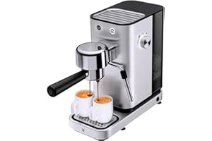 WMF Lono - Cafetera expreso con 2 portafiltros, 1350 W, para 1-2 tazas de espresso, 15 bares, reposavasos, espumador de leche, cuchara prensadora de café, acero inoxidable mate