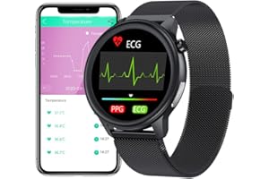 DigiKuber Smart Watch ECG Herren, IP68 wasserdichte Smartwatch Damen mit Körpertemperatur Herzfrequenz SPO2 Schrittzähler Blutdruck Schlafmonitor (Schwarz, Metal)