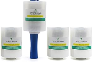 4 Pack Mini Clear Pallet Stretch Wrap Shrink Film with a Plastic Rolling Handle 20 micx130mmx305m for Pallet Wrap. Self Adhering Packing,Moving,Packaging,Heavy Duty Shrink Film,BOMEI PACK