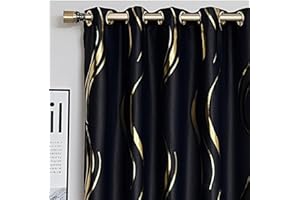 MYRU 2 Panels Set Luxury Striped Blackout Curtains for Bedroom Living Room (Black and Gold, 2 x 66x84 Inch)
