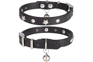 DAIHAQIKO Leder Katzenhalsband mit elastischem Riemen Kätzchen Halsband für Junge Mädchen Katze mit Glocke Stern Mond Stud einstellbare sichere Schnalle Halsband für Kitty kleine große Katzen