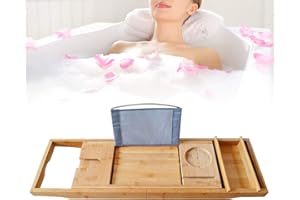 LOYALTYCLIVIA Étagère de baignoire pliable en bambou - Réglable - Avec porte-gobelet - 109 x 23 x 4,5 cm