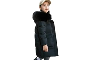 aromm Girls Winter Down Coat Fur Hooded Mid-Length Warm Puffer Jacket Outerwear