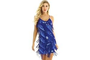 inlzdz Femme Robe de Danse Latine Rumba Tanga Chacha Robe Danse Classique Paillettes Robe à Franges Bretelles Réglable Sequins Brillant Robe de Soirée Bal Disco Danse