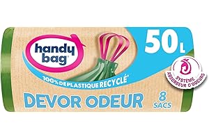 Handy Bag - Sacs poubelle à poignées coulissantes Dévor Odeur 50L x 8 sacs - Système absorbeur d'odeurs - Ultra Résistant - Étanchéité maximale - 80% plastique recyclé