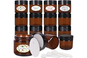 Yishik 2 oz Amber Glass Jars,15 Pack 60ml Empty Cosmetic Containers with Inner Liners and Black Lids,Refillable Round Cream Jars for Lotion,Ointments,Bath Salts,Makeup