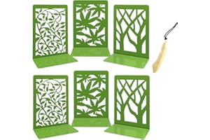 Iycnkok Sujetalibros Sujeta Libros Estantería de Metal, Soporte Libros Diseño de Hoja/árbol, Ideal para Oficina, Escuelas, Decoración Escritorio, Infantil, 3 Pares Verde, Marcapáginas Incluido