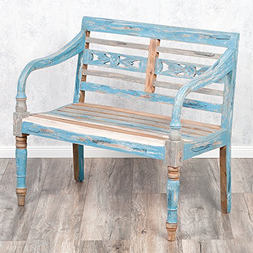 Preisvergleich Produktbild LEBENSwohnART Sitzbank CHRISTOS Blue Washed 108cm Holzbank