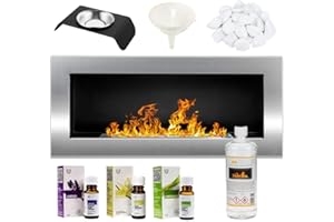 EASYPARTS GMT- Bioethanol Eco Smokeless Fireplace Silver 90x40cm - Indoor Decorative Wall mounted or recessed Fire Heater Chimney - Modern Frame Design - Easy to Mount with Bio Liquid Fuel & Stones & Aroma Oils