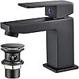 Luckyhome Basin Mixer Tap with Pop up Waste,Washroom Square Single Lever Chrome Brass Mixer Tap（Black）