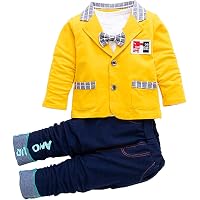 Hopscotch Baby Boys Polycotton Solid Blazer Attached Bow with T-Shirt and Pant Set in Yellow Color