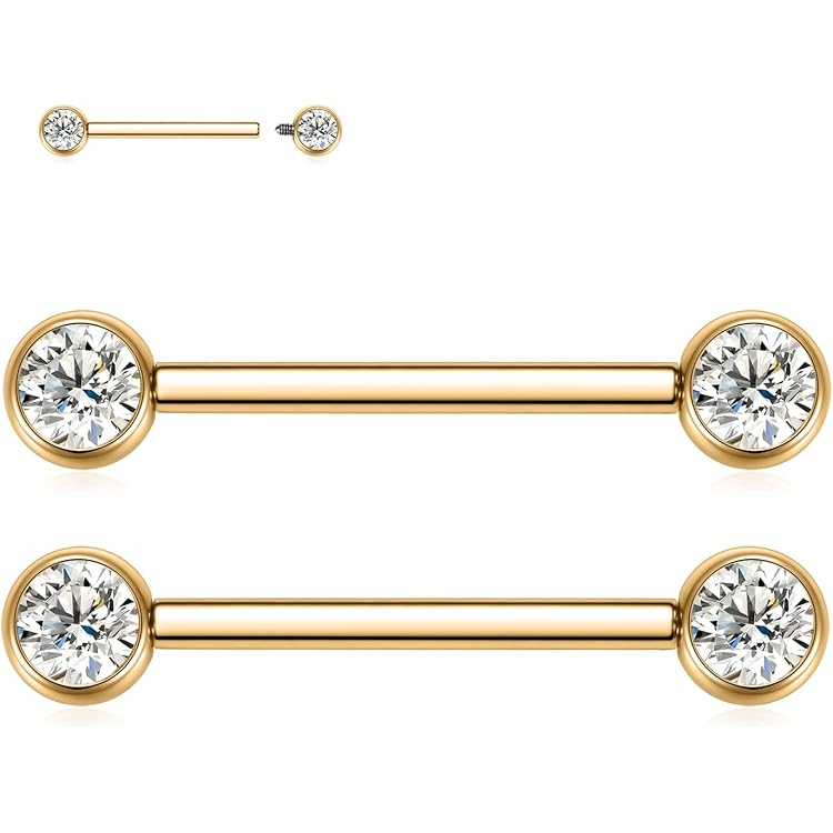 14k Y Sunrise Side Set Nipple Barbell (pair) 14ga 15mm C-#17 O-CZ - Westcoast Piercing