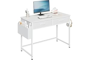 Klihome Biurko biurowe z 2 szufladami, zajmujący mało miejsca stół komputerowy, biały, z torbą do przechowywania i hakiem, 100 x 50 x 75 cm, idealny do pokoju dziecięcego i gabinetu