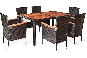 RELAX4LIFE 7/9PCS Patio Dining Set, Outdoor Rattan Furniture Set with Acacia Wood Tabletop, Stackable Chairs & Waterproof Cushions, Wicker Conversation Set for Backyard, Garden & Poolside (7PCS)