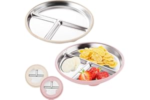 FloralGrace 2 Stück Edelstahl Babyteller mit Saugnapf, 23CM Geteilte Kinder Teller mit Entfernbarer Silikon Hülle für Kinder, Nicht Rutschig Unzerbrechlich (Rosa Beige)