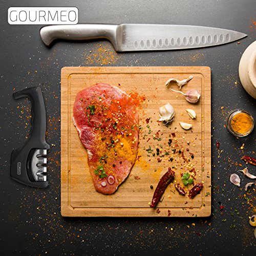 GOURMEO 3-Stufen Profi Messerschärfer für Edelstahl- und Keramik-Messer mit geraden Klingen | für alle Größen, ohne Strom, ergonomisches Design | mit 2 Jahren Zufriedenheitsgarantie | Messer-Schleifer, Knife Sharpener, Scheren-Schleifer, Schleif-System - 4