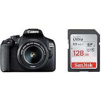 Canon EOS 1500D 24.1 Digital SLR Camera (Black) with EF S18-55 is II Lens, 16GB Card and Carry Case + SanDisk 128GB Ultra SDXC UHS-I Memory Card - 100MB/s, C10, U1, Full HD, SD Card