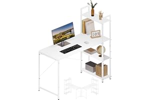 Klihome Scrivania con Libreria 4 Ripiani, Scrivania Salvaspazio, Scrivania da Lavoro, Scrivania Angolare Scrittoio Scrivania da Ufficio, Struttura in Metallo, 120x50x120cm, Bianco