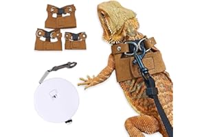 CQJ Bearded Dragon Leash - 3 Sizes Pack Adjustable Soft Leather Lizard Harness with Retractable Leash (Camel)