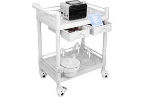 MEIFULY Beauty Trolley Cart with Wheels, Esthetician Cart with Handrail, Bucket and 2 Big Drawer, 2 Tier Heavy Duty Vacuum Therapy Machine Trolley, Load 330lbs, 360° Rotate Silent Wheels