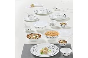 Larah by Borosil Luna Silk Series Opalware Dinner Set | 35 Pieces for Family of 6 | Microwave & Dishwasher Safe | Bone-Ash Fr