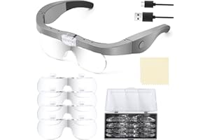 OBOVO Lunette Loupe avec 2 lumières LED, Rechargeable Frontale Grossissantes Casque Loupe Mains Libres avec 4 Lentilles Amovibles pour Lecture, Bijoutier, Couture, Bricolage (1,5X, 2,5X, 3,5X, 5,0X)