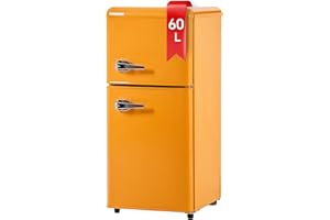 DRIXNO Retro-Kühlschrank. Gefrierkombination. 86,8 cm hoch, 45,5 cm breit, zweitürig, mit 60 Liter Gesamtvolumen, 22 Liter Gefriervolumen. 163 kWh/Jahr, -27°C ∽ 13°C,LED-Licht