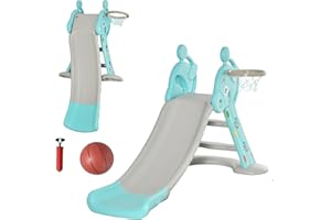 HOMCOM Kids Slide 2 in 1 Toddler Freestanding slide with Basketball Hoop Indoor/Outdoor Use Deer Shaped for 18 months -4 Years Old Blue