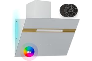 Klarstein Alina - Cappa Aspirante, 60cm, Cappa a Parete, 600 m³/ora, LED 9 Colori, Touch Control, Classe A, Silenziosa 52 dB, Bianco-Oro, Scarico & Ricircolo