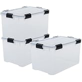 Iris Ohyama 3 x Plastic Airtight Boxes with Lid and Snap Closures, 70L, Transparent, Waterproof, Stackable, Anti-Dust, for Cl