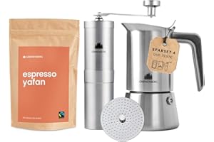 ‎GROENENBERG Groenenberg Economy Set 4: Manual Coffee Grinder + Espresso Maker Induction + 250 g Organic Espresso Beans | Mocha Pot Made of Stainless Steel