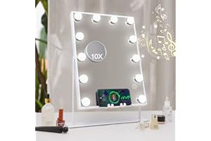 ‎HANSONG Hansong Lautsprecher Makeup Mirror with Wireless Charging Hollywood Makeup Mirror with 12 Light Bulbs Makeup Mirror with Lights 360 Degree Rotation