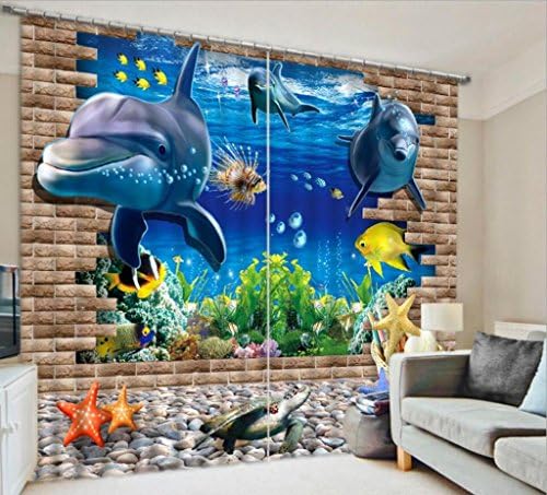 KKLL Polyester Curtains 3D Seabed Dolphin The stereo Three dimensions Visual effect Digital printing Blackout Noise Reduction Drape Window Drapes Panels for Bedroom , wide 2.64x high 2.13