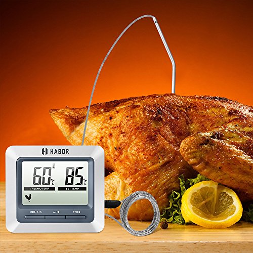Habor Grillthermometer Bratenthermometer Ofenthermometer Barbecue Grill Thermometer digital Thermometer mit großen LCD Display, lange 304 Edelstahl Messfühler , 1m Kable und Count Down Timer, ideal für Garten Grillen, Backen, Ofen usw - 2