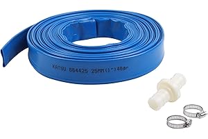 KATSU TOOLS KATSU Layflat Discharge Hose Pipe 20m x 25mm 1-Inch Diameter with 2 Clips and Quick Coupler Connector, Fits Submersible & Other Water Pumps for Draining Pond, Garden Irrigation, Hot Tub, Pool
