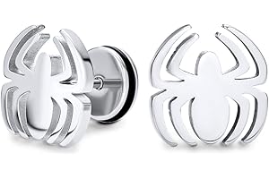 BLING JEWELRY Silver Tone Black Widow Spider Insect Faux Fake Cheater Illusion Plug Stud Piercing Earrings Surgical Steel 16G Stud Earrings For Men For Women