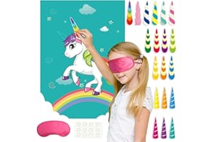 Einhorn Partyspiel,Jeux de fête pour Enfants, avec 34 Cornes Autocollantes Épinglez la Corne sur la Licorne pour Les Enfants Jeux de fête d'anniversaire Ensemble de Cadeaux de Licorne, Décorations de