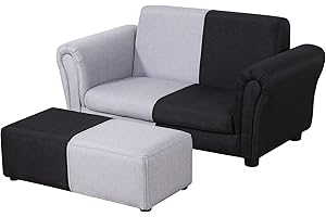 PWTJ Children Sofas and Couches/2-Seater Kid Sofa Couch with Big Ottoman/Children Sofa with Linen Fabric/Big Toddler Couch for 0-3 Years Kid Using (black+grey)