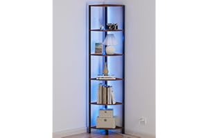 Furnulem 6 Tier Corner Shelf with LED Light, 67.5” Tall Standing Shelf Organizer, Narrow Bookshelf with Storage Rack for Wall Corner, Living Room, Bedroom, Metal Frame, Wood Display Shelf