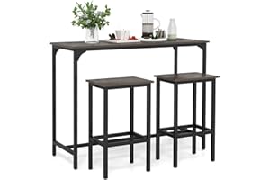 COSTWAY Bar Table Set with 2 Stools, 3 Pieces Breakfast Bar Set with Footrest, Counter Height Dining Table and Chairs for Home Kitchen Pub Cafe (Gray+Black)