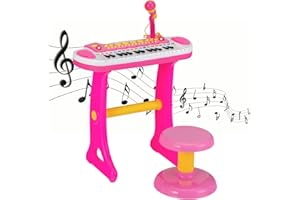 ‎COSTWAY COSTWAY Kinder-Keyboard mit 31 Tasten, tragbares Musikinstrument mit Mehreren Sounds & Lichteffekten, verstellbarem Mikrofon & Hocker, niedliches Spielzeug-Klavier für Kinder ab 3 Jahren (Rosa)
