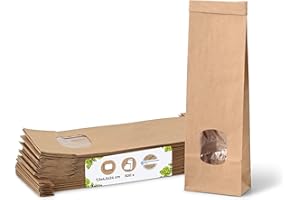 BIOZOYG Bloc de sacs à fond plat taille XS avec fenêtre & bande clip 500 pcs I en papier kraft brun avec fenêtre & revêtement en film PP I Sacs à biscuits, à thé, à pâtisserie...