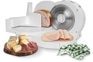 UNIVERSALBLUE Cortafiambres Eléctrico Blanco – Rebanadora de Cocina Ligera y Duradera con Cuchilla Afilada para Fiambres, Embutidos, Frutas y Verduras – Diseño Elegante y Fácil de Limpiar