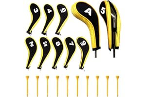 YWQQ Set di 10 Copritesta per Mazze da Golf,Collo Lungo con Cerniera, Copri Mazze da Golf Set di Manicotti di Protezione,Copritesta per golf club, Colore Nero e Giallo