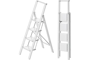 Ladnamy 4 Stufen Leiter mit Handlauf Aluminium Klappbarer Leichte Trittleiter Tritthocker Klappbar Stehleiter, Maximale Tragfähigkeit 150KG Tragbarer Tritthocker (Silber Weiß)