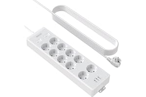 NTONPOWER listwa zasilająca, ochrona przed przepięciem, montaż ścienny, z pojedynczą możliwością przełączania, NTONPOWER 10 gniazd, z przedłużaczem 3 m i portami USB, przykręcana, biała, wielokrotnego