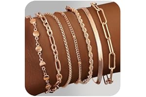 Adramata 7Pcs Armband Damen Edelstahl Ketten Armbänder Set 14K Vergoldet Armbander Twist Schlange Armkette Damen CZ Verstellbar Armband Set Charm Armband Silber Rosegold Gold Armband für Damen Frauen