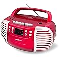 Groov-e Retro Boombox - Portable Cassette Tape & CD Player with Radio, 3.5mm Aux Port, & Headphone Socket - LED Display, 2 x 1.2W Speakers - Battery or Mains Powered - Red